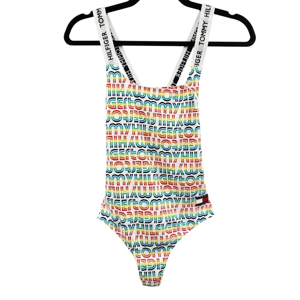 NEW Tommy Hilfiger White & Rainbow Logo One-Piece Swimsuit Women's Sz S Organic